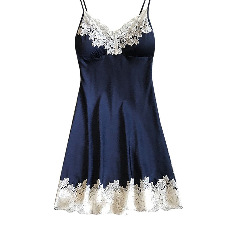 Large Size Sexy Suspender Dress Satin Lace Stitching Nightdress Ooho