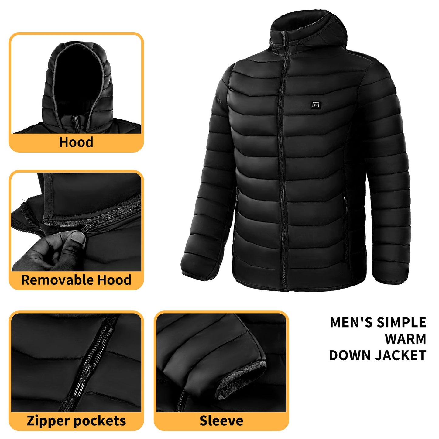 Men Heated Puffer Jacket Electric Heating Coat Insulated Hood Windbreaker Ooho