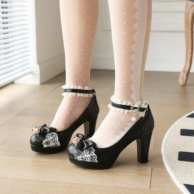 Girl Student Leather Shoes High Heels Thick Heel Single Shoes Bow Dress Female Ooho