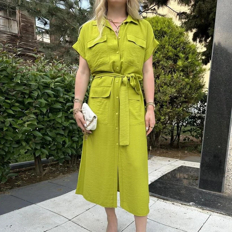 Fashion Belt Shirt Dress for Women | Stylish Button-Up Shirt Dress Ooho