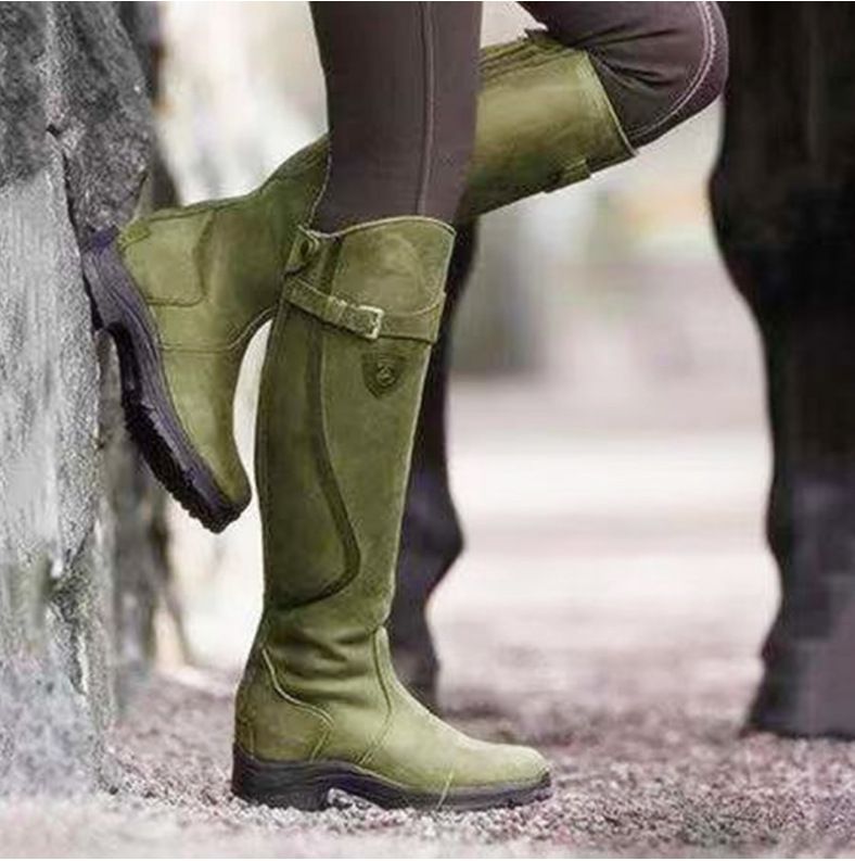 Classic Fashion Riding Western Boots Winter Knee Buckle Boots High Block Heel Round Toe Shoes For Women Ooho