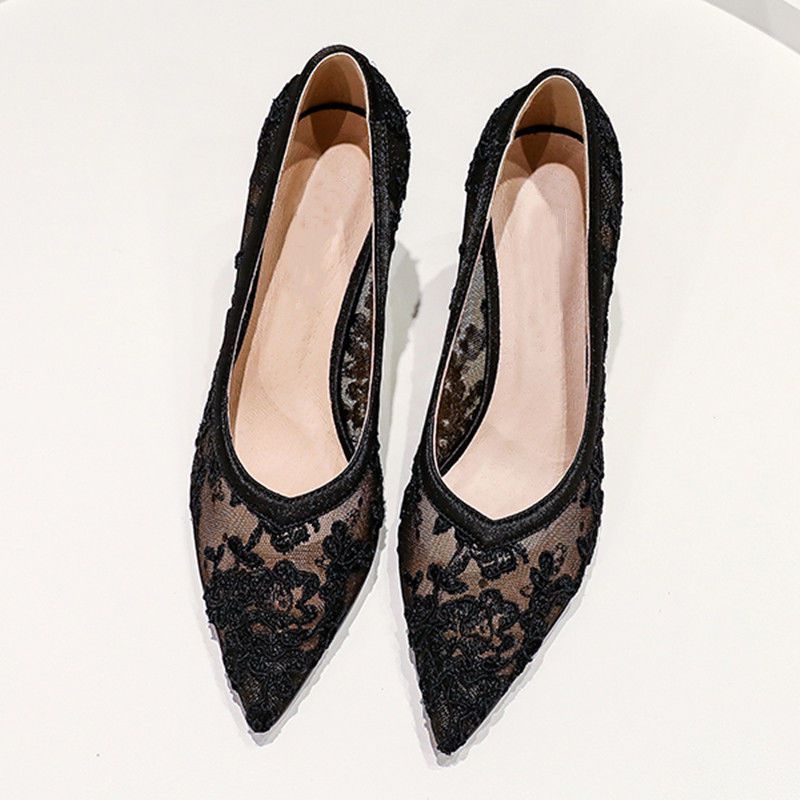 High Heels Mesh Breathable Sandals Female Pointed Stiletto Shallow Mouth Lace Bridesmaid Work Shoes Ooho