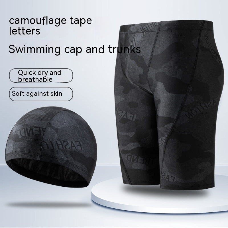 Men's Camouflage Letters Quick-drying Swimming Trunks Swimming Cap Ooho
