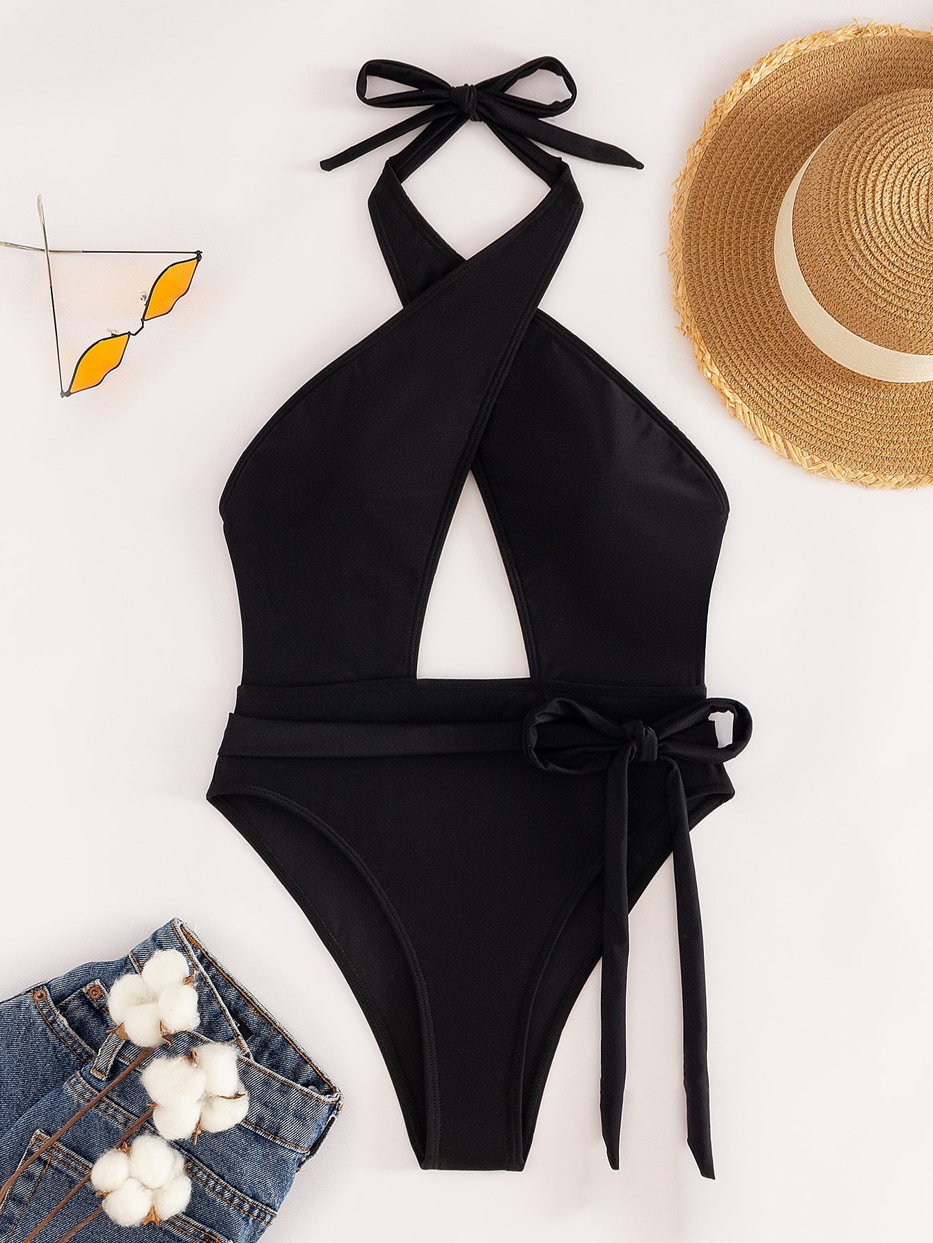 Cross Strap New Solid Color One-piece Swimsuit For Women Ooho