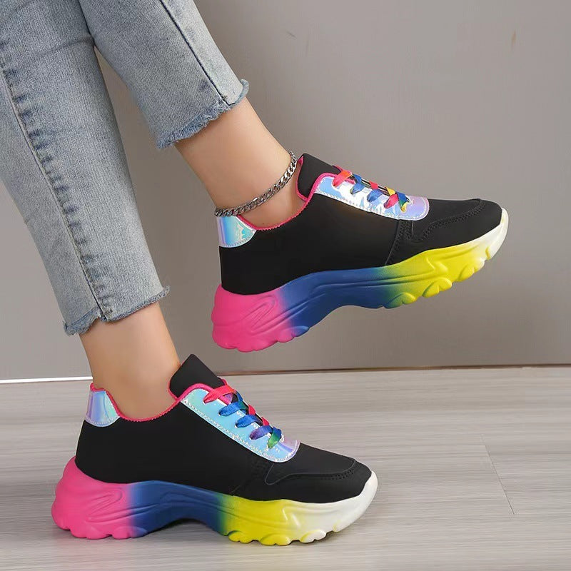 INS Style Rainbow Color Sports Shoes For Women Thick Bottom Lace-up Sneakers Fashion Casual Lightweight Running Walking Shoes Ooho