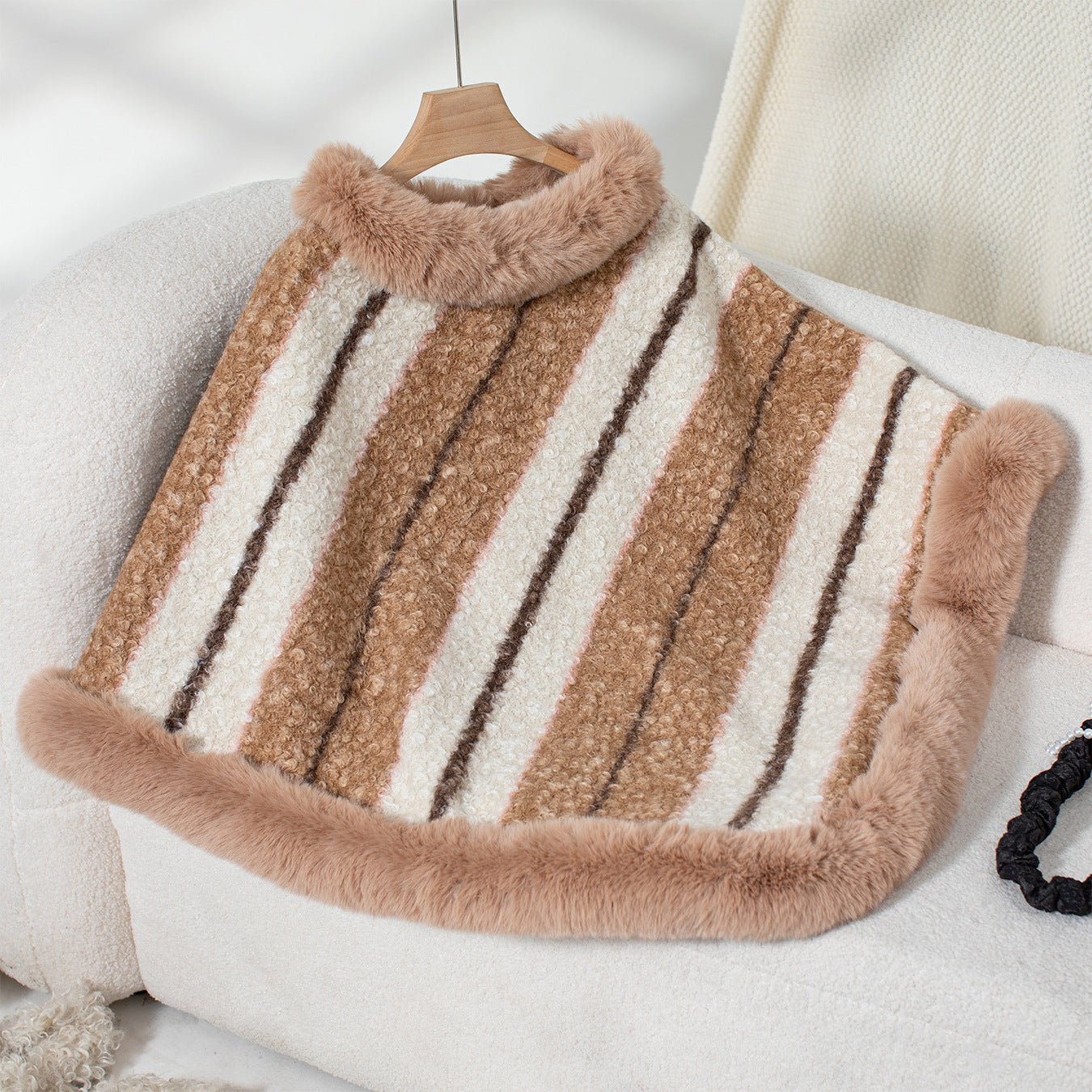 Cape Fur Collar Striped Knitted Shawl Sweater For Women Ooho