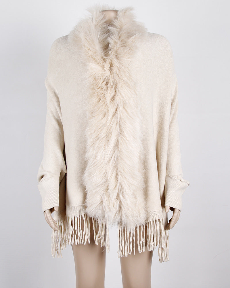 Women's Fringed Cloak Shawl with Fur Collar – Elegant Cape Cardigan for Winter Style Ooho