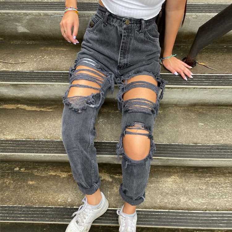 Women’s Ripped Hole Slim Fit Jeans | Trendy Thinner Look Distressed Denim Ooho