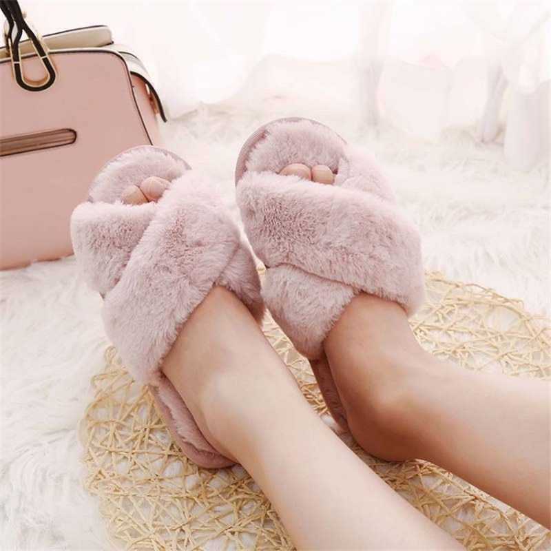Winter Women Home Slippers With Faux Fur Fashion Warm Shoes Woman Slip On Flats Female Slides Black Plus Size Ooho