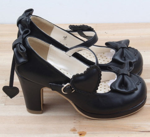 LINK Harajuku Lolita Pumps Patent Leather High Heels Solid Bowtie Maid Cosplay Shoes Soft Women Mary Janes Evening Shoes Ooho