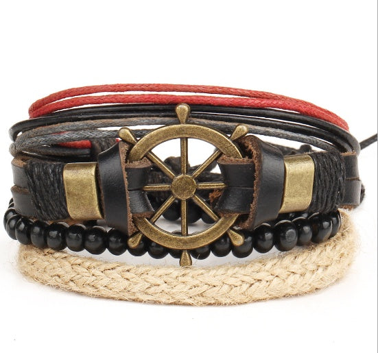Vintage Ship Rudder Leather Bracelet Hand-Woven Multi-Layer Male And Female Bracelets Ooho