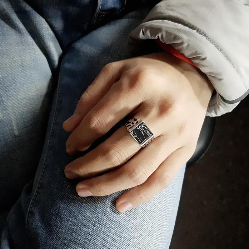 925 Sterling Silver Vintage Men's Rings Adjustable Square Black Stone Flower Pattern Design Male Turkey Jewelry Ooho
