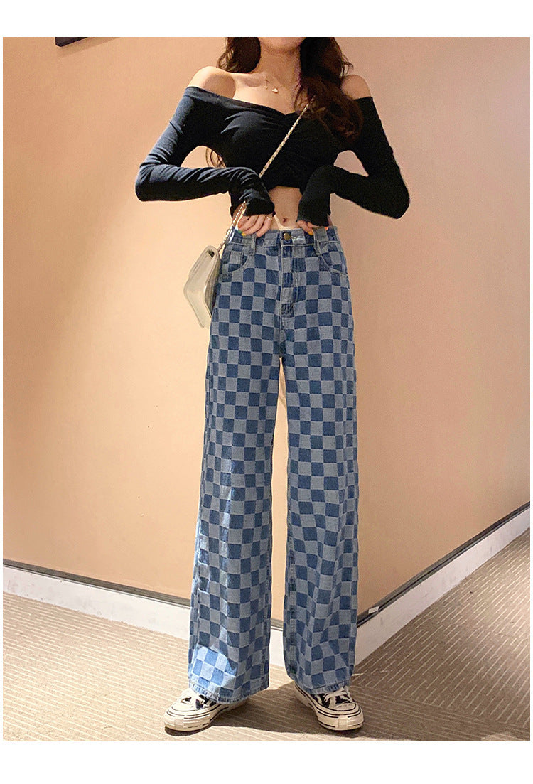 Women’s Plaid Pattern Jeans | Trendy Checkered Casual Denim Pants Ooho
