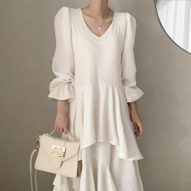 V-Neck Irregular Flare Sleeve Dress for Women | Elegant Asymmetrical Dress Ooho