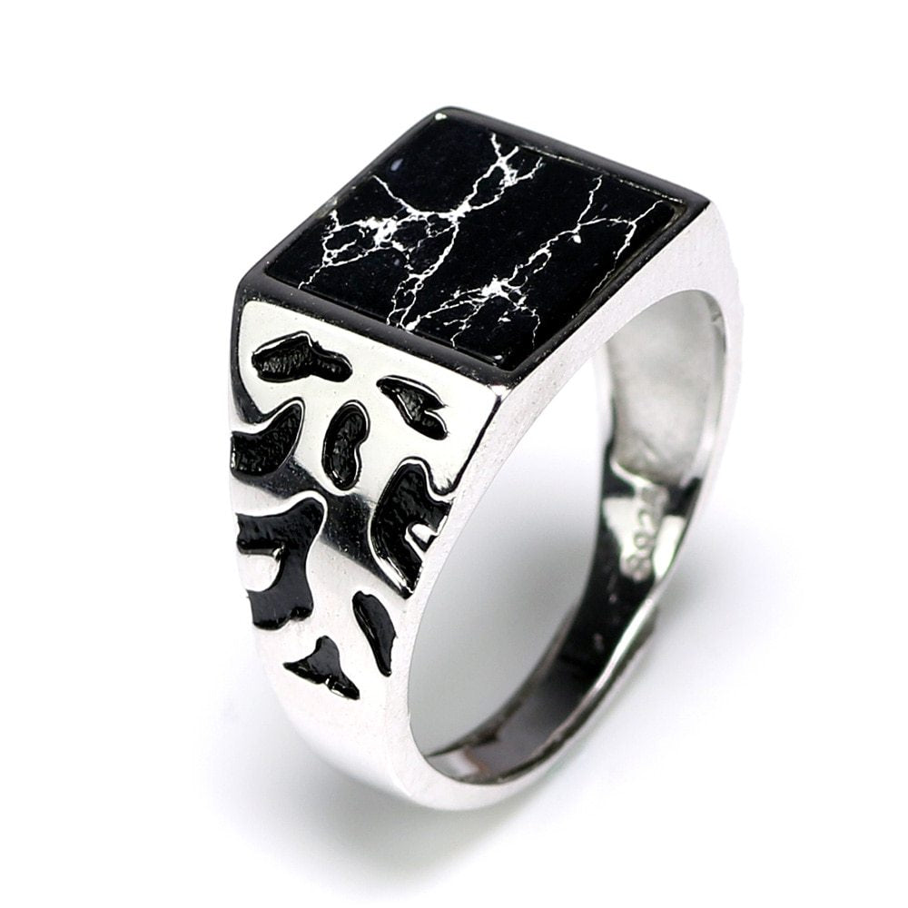 925 Sterling Silver Vintage Men's Rings Adjustable Square Black Stone Flower Pattern Design Male Turkey Jewelry Ooho