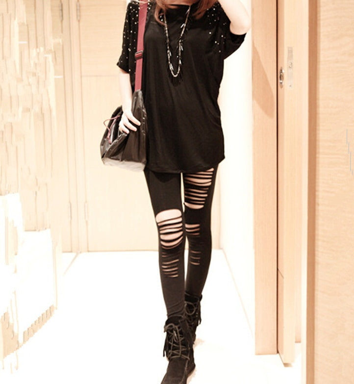 Women’s Asymmetrical Knee Ripped Cotton Leggings | Autumn Anti-Pilling Ankle-Length Pants Ooho