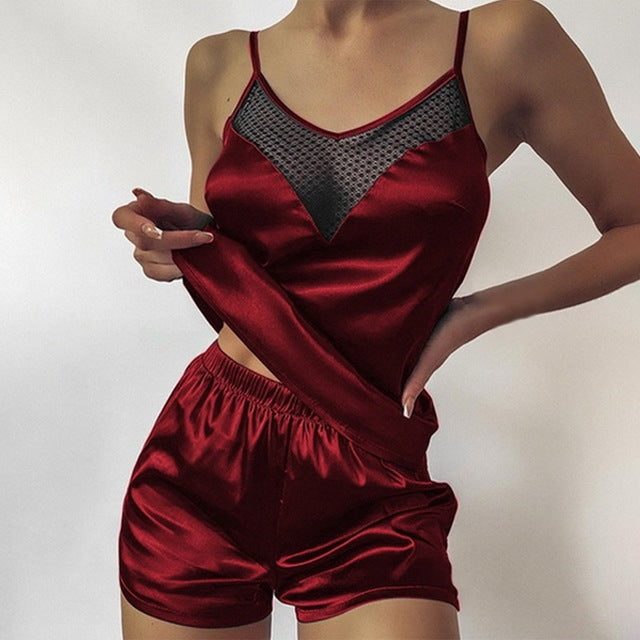 Satin Pajamas Lace Pijama Nightie Sleepwear Home Clothes Tops And Shorts Women's Silk Pajamas Solid Color Pajama Set Ooho