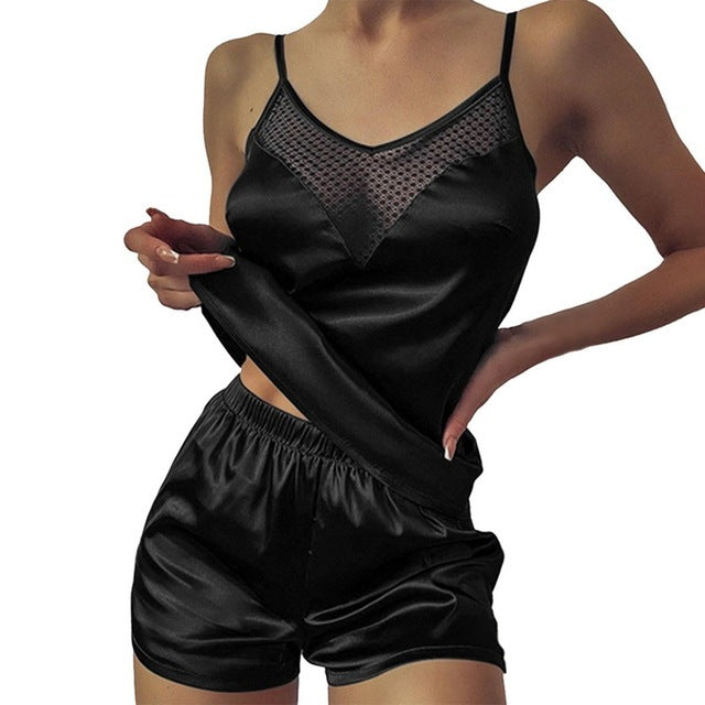 Satin Pajamas Lace Pijama Nightie Sleepwear Home Clothes Tops And Shorts Women's Silk Pajamas Solid Color Pajama Set Ooho