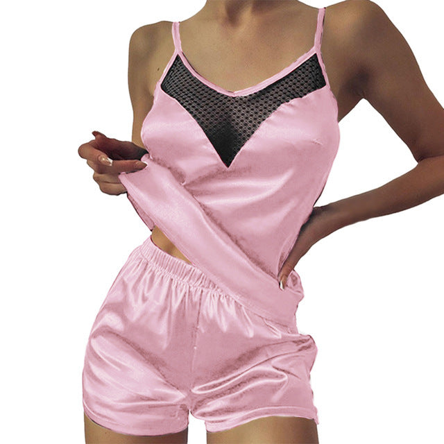 Satin Pajamas Lace Pijama Nightie Sleepwear Home Clothes Tops And Shorts Women's Silk Pajamas Solid Color Pajama Set Ooho