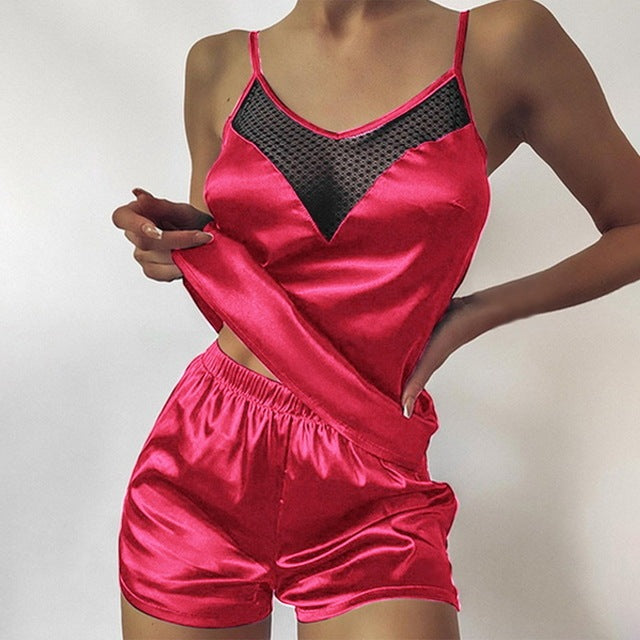 Satin Pajamas Lace Pijama Nightie Sleepwear Home Clothes Tops And Shorts Women's Silk Pajamas Solid Color Pajama Set Ooho