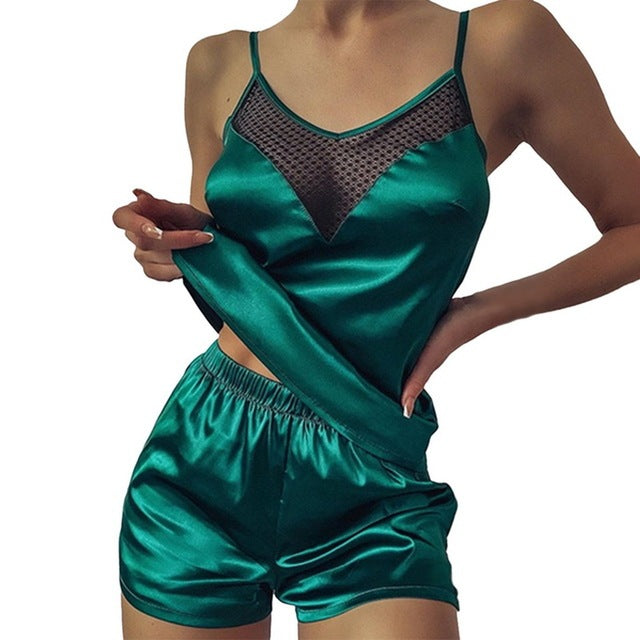 Satin Pajamas Lace Pijama Nightie Sleepwear Home Clothes Tops And Shorts Women's Silk Pajamas Solid Color Pajama Set Ooho