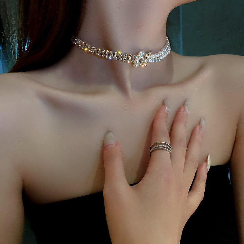 Pearl Crystal Choker Necklaces For Women Short Chain Rhinestone Necklaces Statement Jewelry Ooho