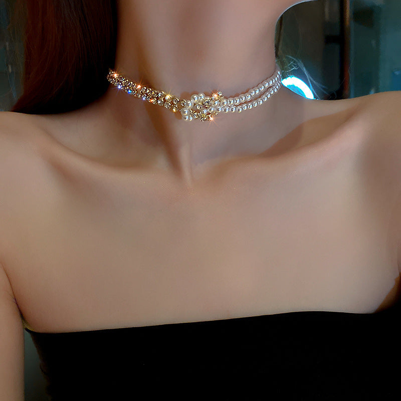 Pearl Crystal Choker Necklaces For Women Short Chain Rhinestone Necklaces Statement Jewelry Ooho