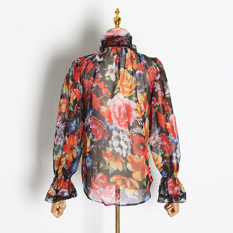 Vintage Floral print Chiffon Shirts Blouse Women Ooho