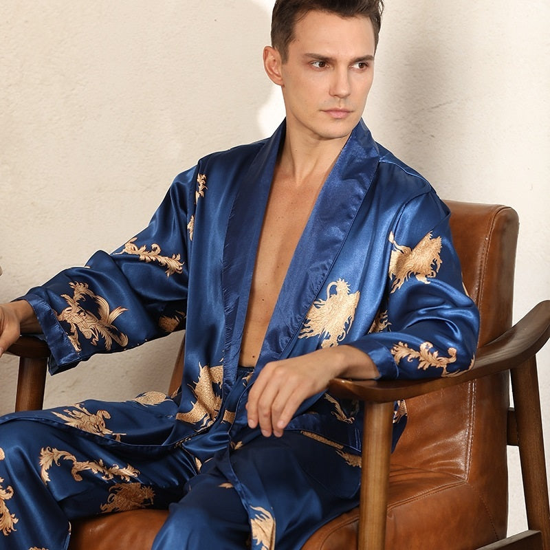 Luxury Silk Robe Pants Pajama Set Two-piece Imitate Silk Long-sleeved Pajamas Large Size Bathrobes Robe Sets For Men Clothing Ooho