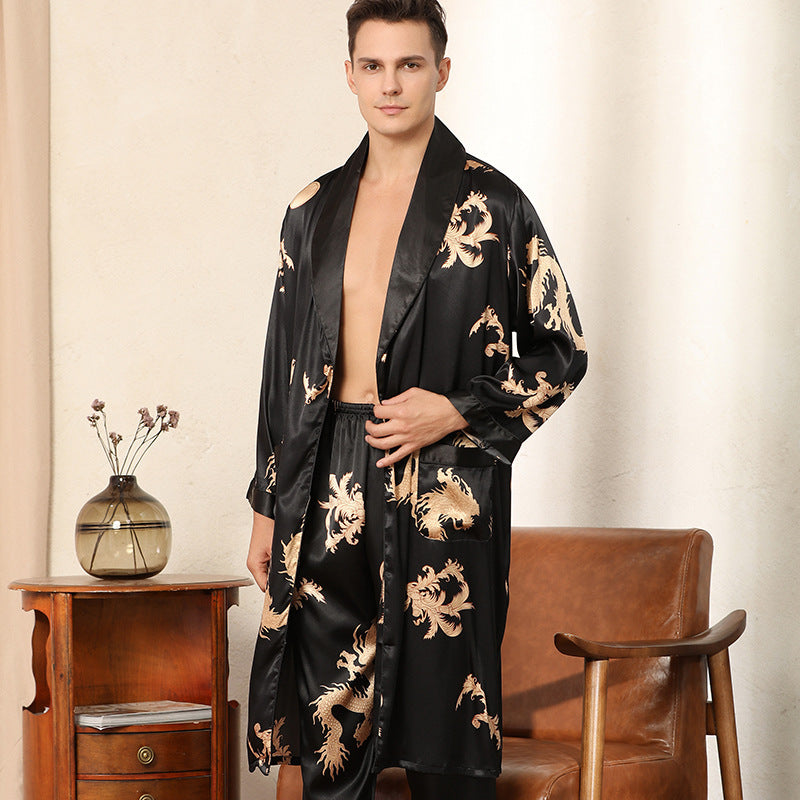 Luxury Silk Robe Pants Pajama Set Two-piece Imitate Silk Long-sleeved Pajamas Large Size Bathrobes Robe Sets For Men Clothing Ooho