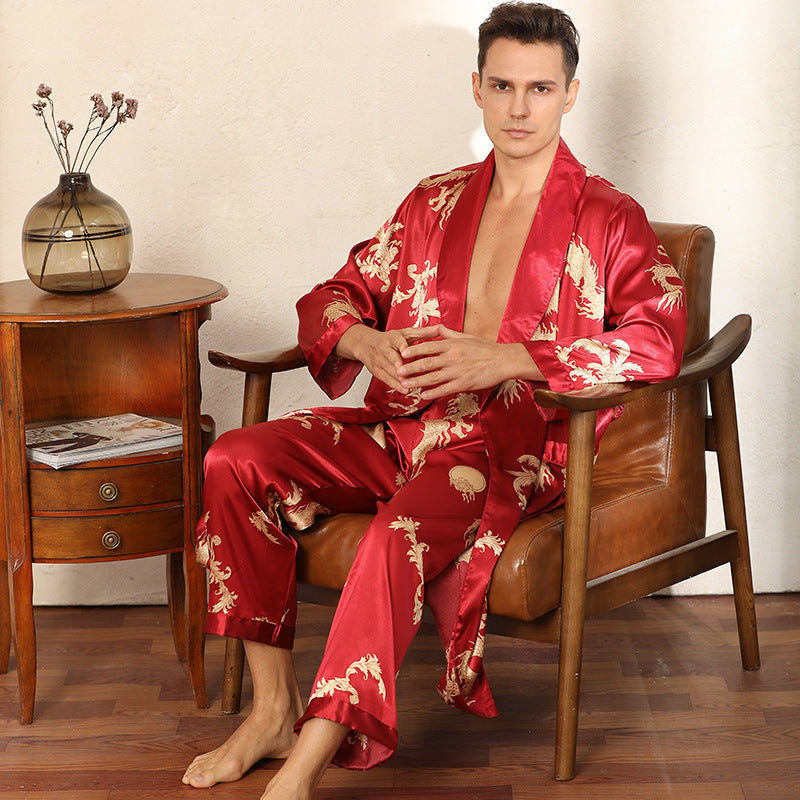 Luxury Silk Robe Pants Pajama Set Two-piece Imitate Silk Long-sleeved Pajamas Large Size Bathrobes Robe Sets For Men Clothing Ooho