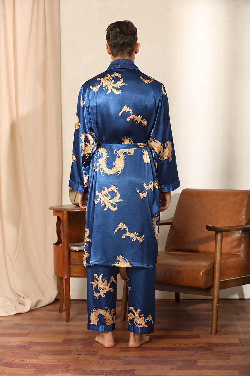 Luxury Silk Robe Pants Pajama Set Two-piece Imitate Silk Long-sleeved Pajamas Large Size Bathrobes Robe Sets For Men Clothing Ooho