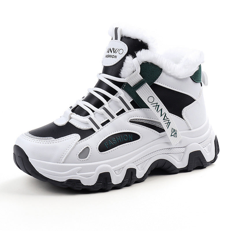 Fashion Black White Lace-up Sneakers Winter Warm All-match Plush Shoes Women Plus Velvet Fleece Flat High-top Sports Shoes Ooho