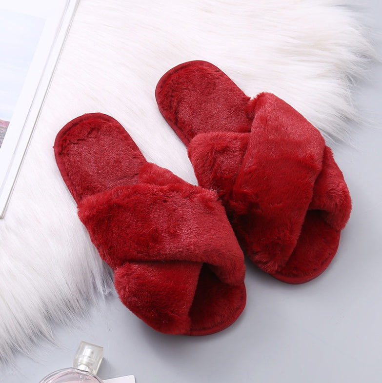 Winter Women Home Slippers With Faux Fur Fashion Warm Shoes Woman Slip On Flats Female Slides Black Plus Size Ooho