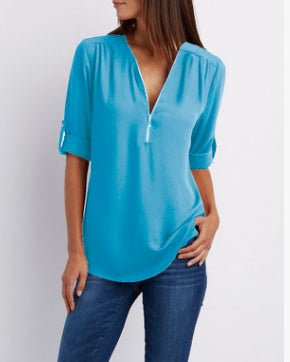 Zip V-neck Shirts Women Short Sleeve Loose Tops Ooho