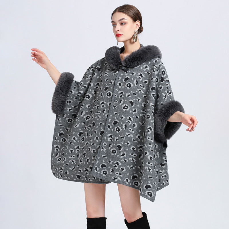 Women's Oversized Jacquard Shawl Cape – Knitted Woolen Cardigan Coat for Elegant Winter Style Ooho