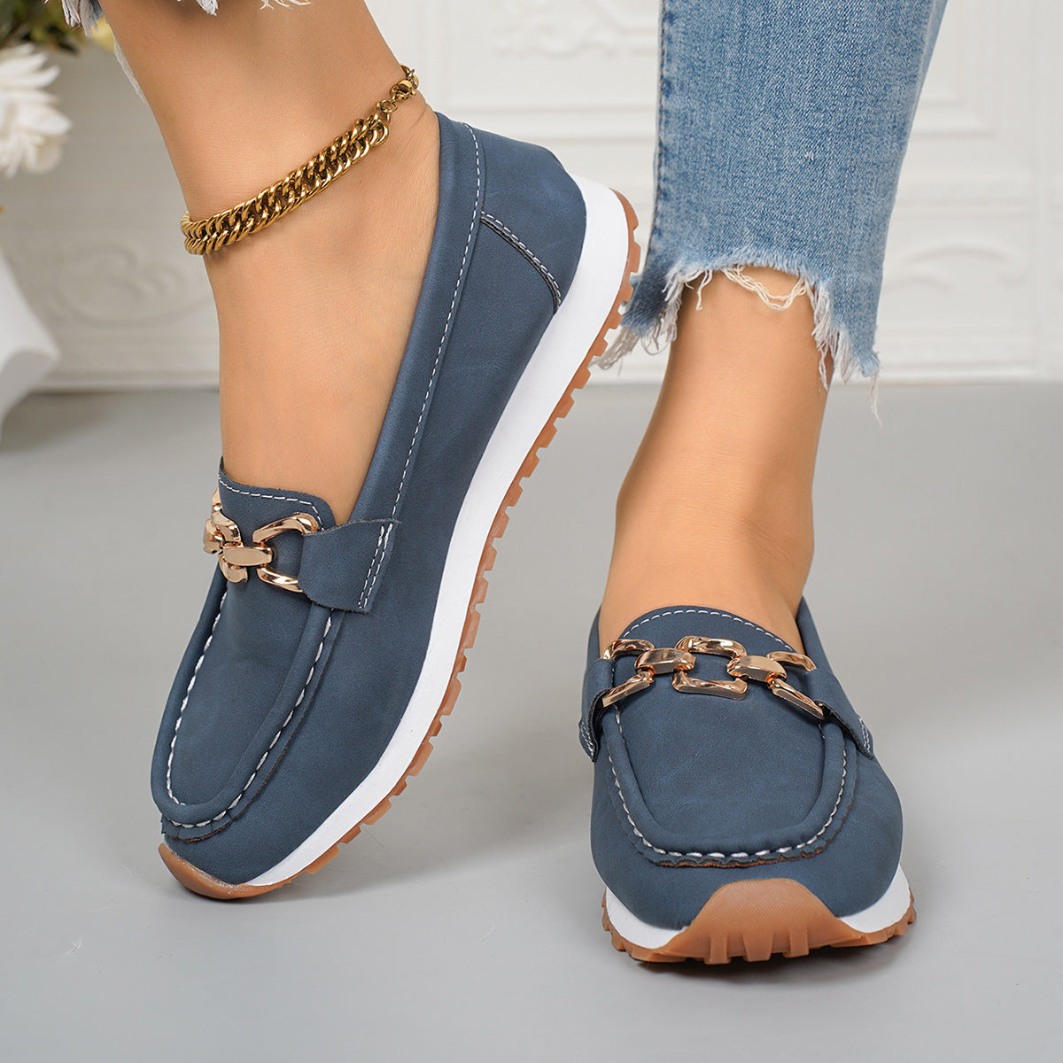 Oversized Shoes Female Metal Chain Flat Platform Casual Loafers Ooho