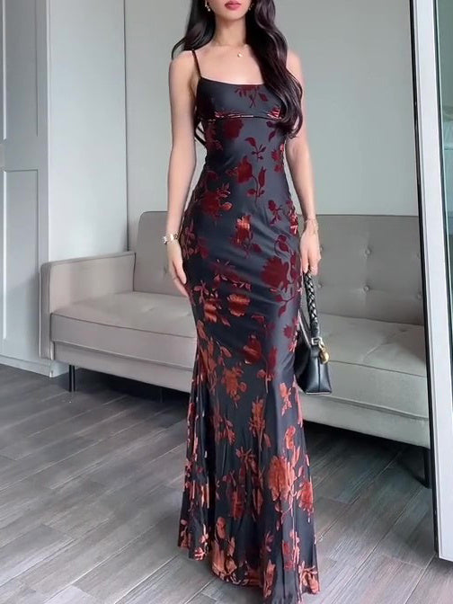 Flocked Strappy Maxi Dress Ooho