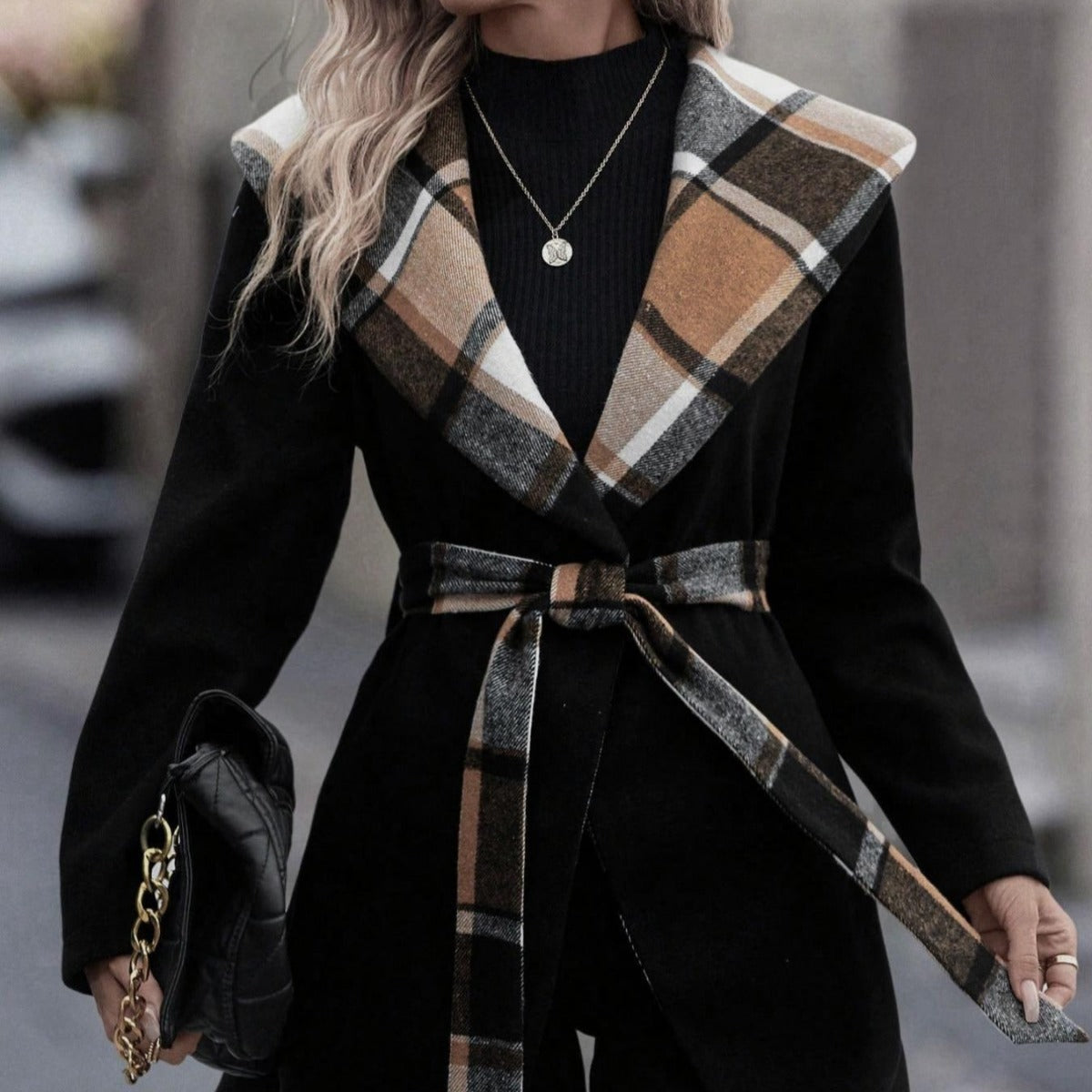 Lace-up Plaid Color Matching Wool Mid-length Trench Coat for Women – Elegant & Cozy Outerwear Ooho