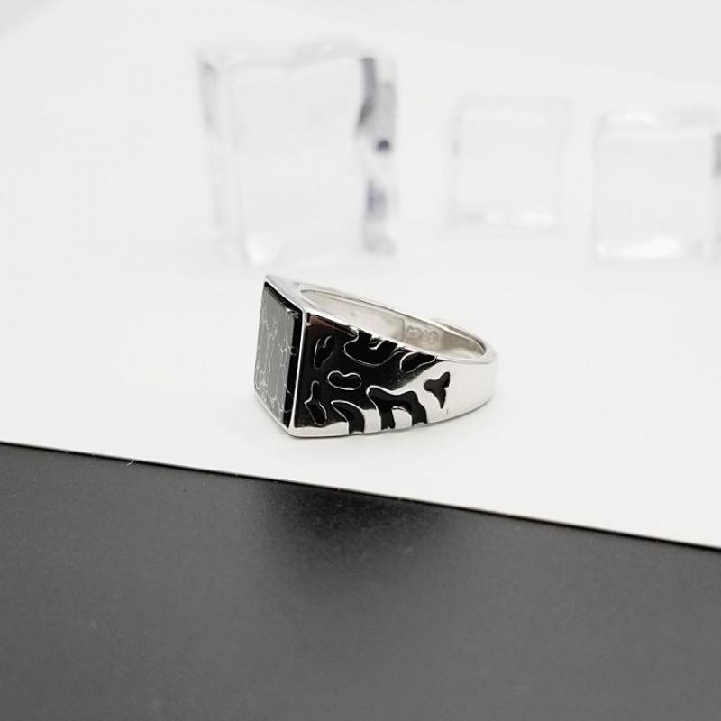 925 Sterling Silver Vintage Men's Rings Adjustable Square Black Stone Flower Pattern Design Male Turkey Jewelry Ooho