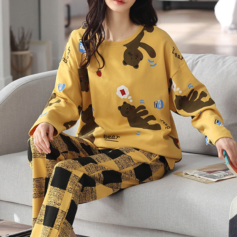 Loose Print Pajamas Women Autumn Winter Pyjama Set Long Sleeves And Trousers Elegant Sleepwear Girl Loungewear Home Clothes Ooho