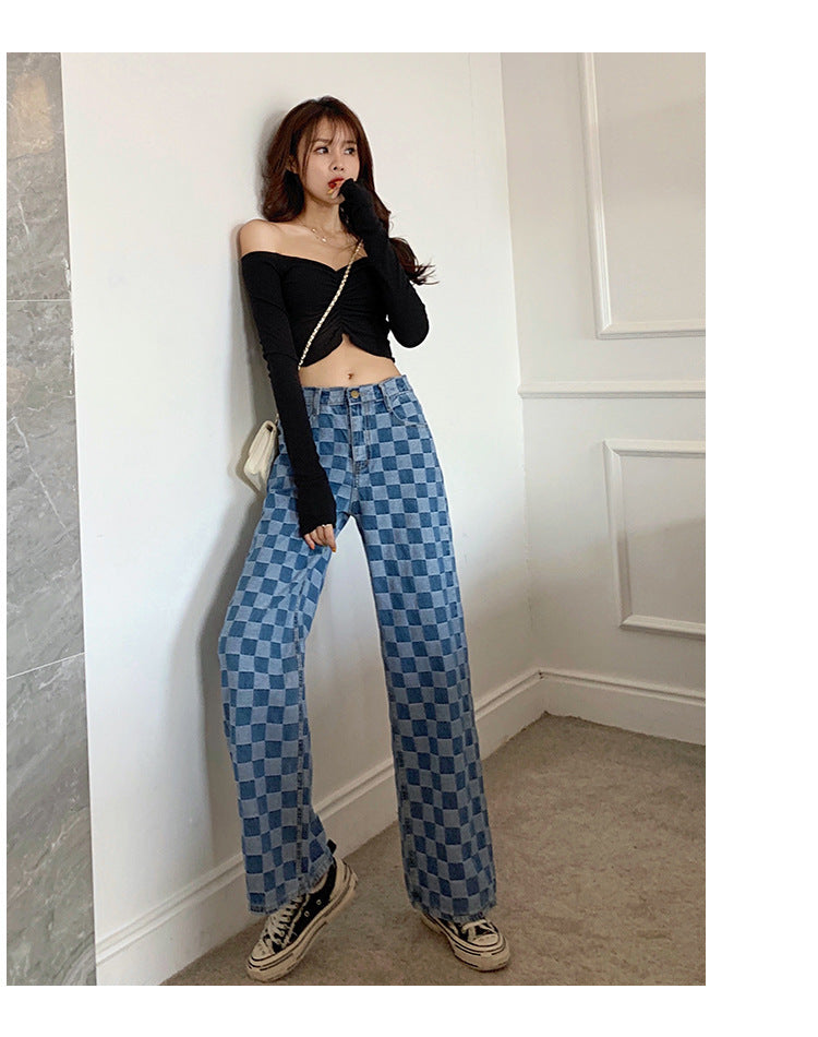 Women’s Plaid Pattern Jeans | Trendy Checkered Casual Denim Pants Ooho