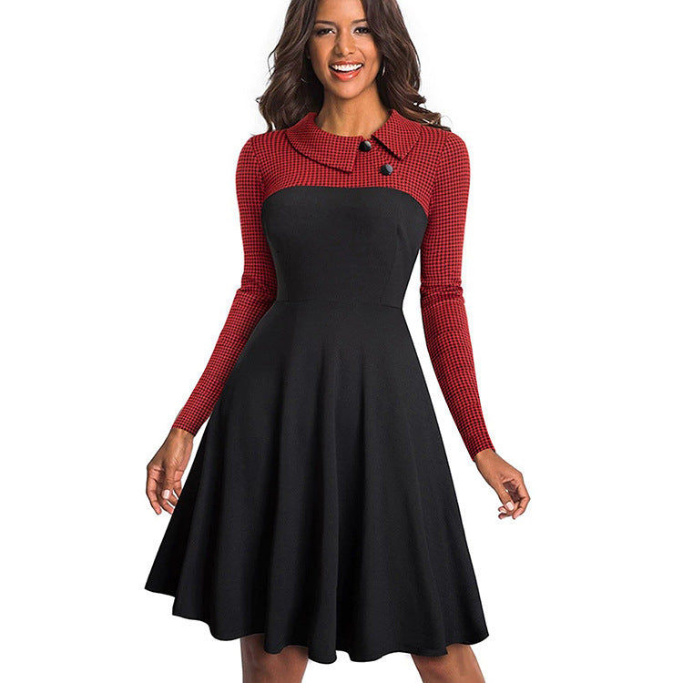 Contrast Stitching Lapel A-Line Dress for Women | Chic Button-Up Flared Dress Ooho