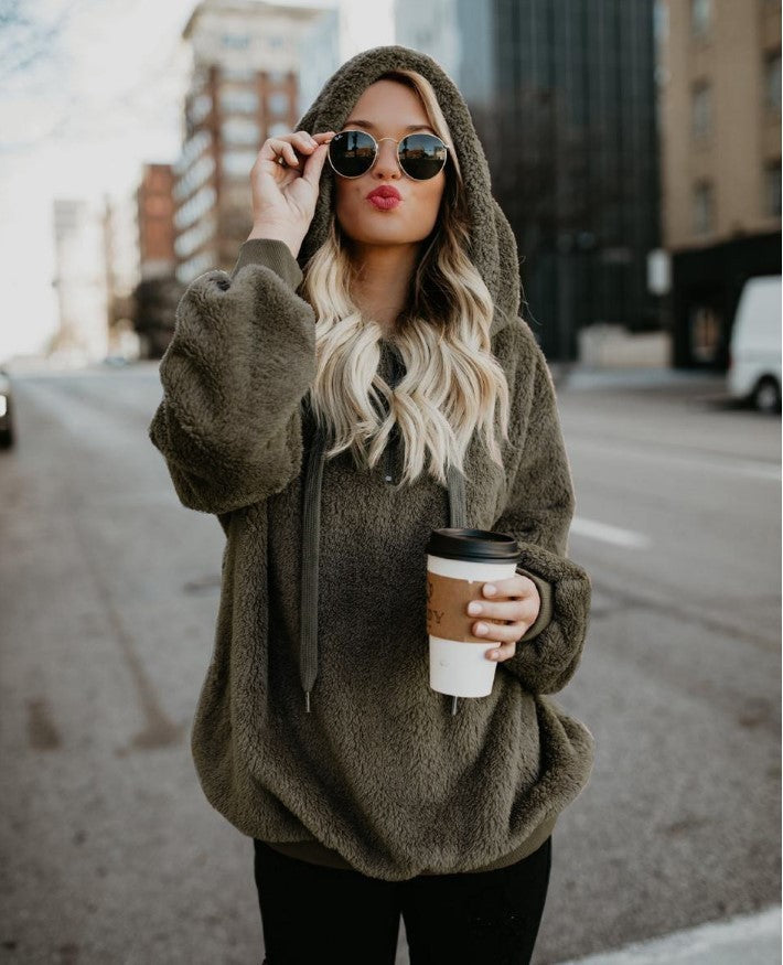 Women's Polerones Fleece Hoodies Long Sleeve Hooded Pullover Sweatshirt Autumn Winter Warm Zipper Pocket Coat Female Sweatshirt Ooho