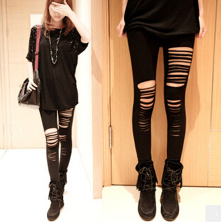 Women’s Asymmetrical Knee Ripped Cotton Leggings | Autumn Anti-Pilling Ankle-Length Pants Ooho