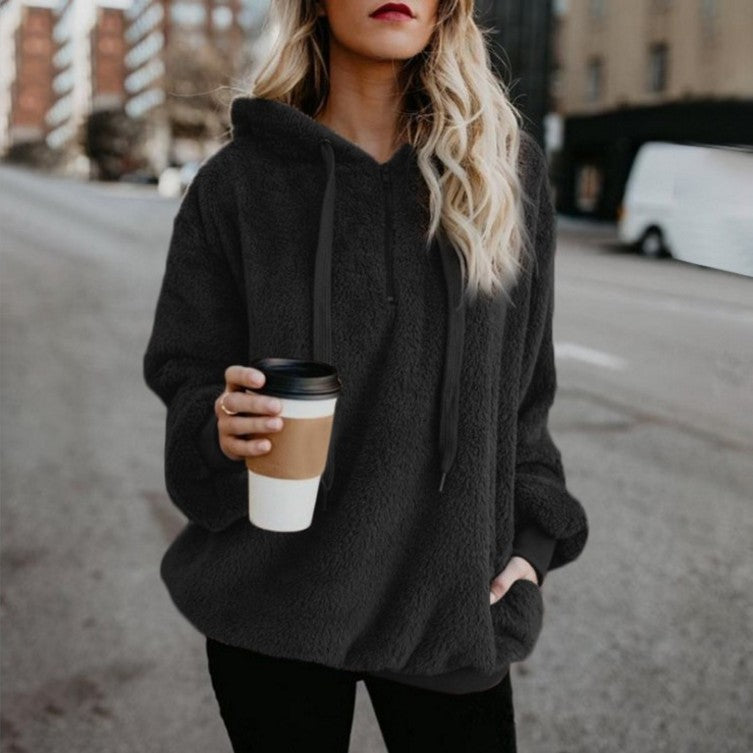 Women's Polerones Fleece Hoodies Long Sleeve Hooded Pullover Sweatshirt Autumn Winter Warm Zipper Pocket Coat Female Sweatshirt Ooho