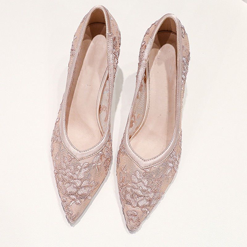 High Heels Mesh Breathable Sandals Female Pointed Stiletto Shallow Mouth Lace Bridesmaid Work Shoes Ooho