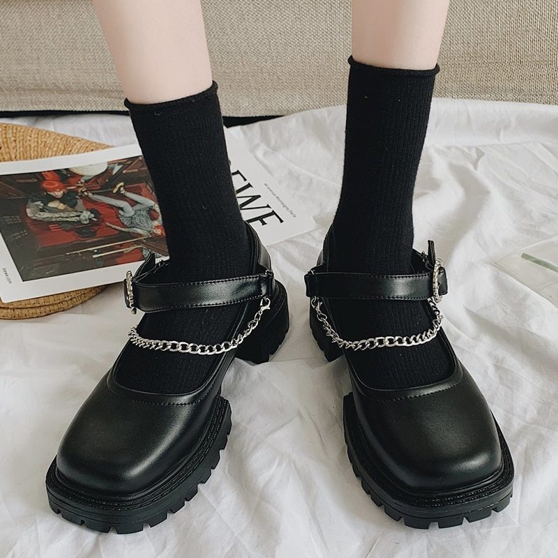 Rimocy Black Pu Leather Metal Chain Chunky Mary Janes Shoes Woman Autumn Square Heels Ankle Strap Platform Pumps Women Punk Ooho