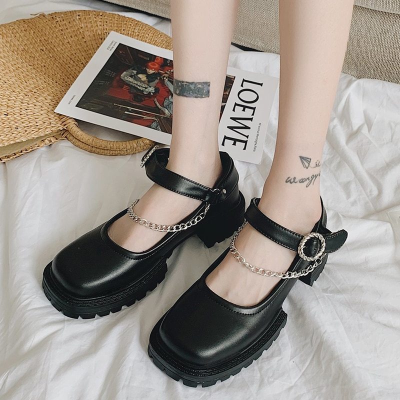 Rimocy Black Pu Leather Metal Chain Chunky Mary Janes Shoes Woman Autumn Square Heels Ankle Strap Platform Pumps Women Punk Ooho