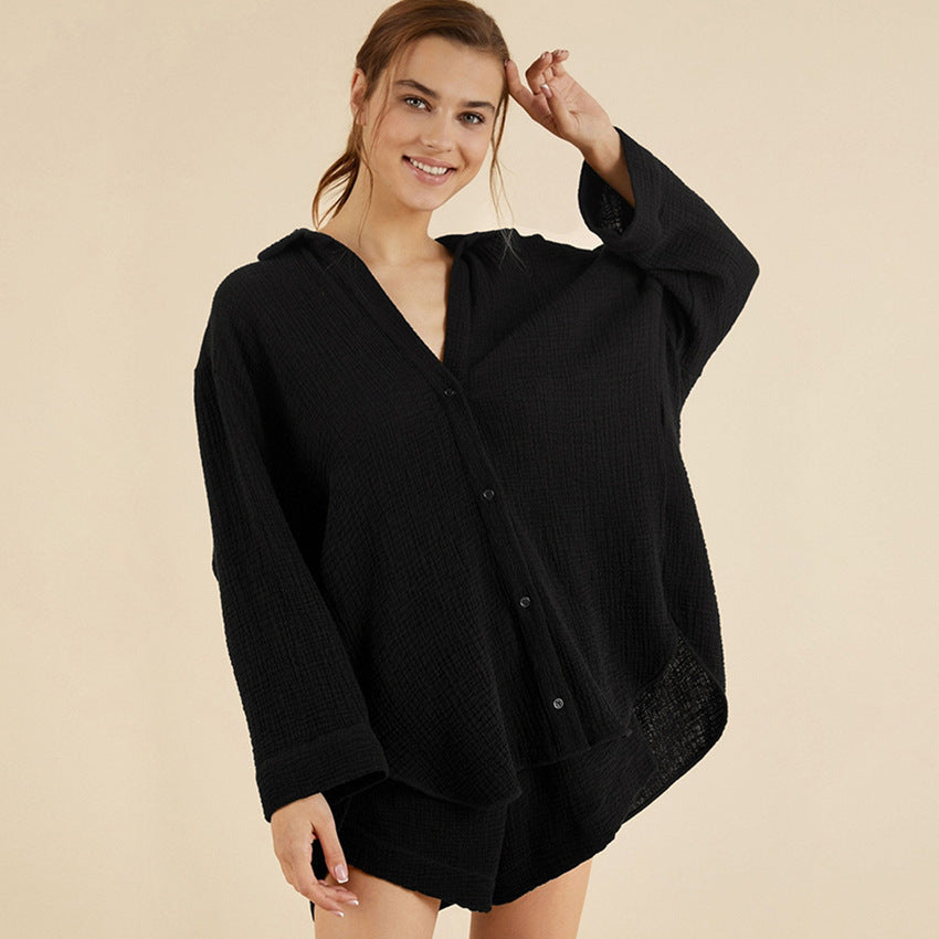 Double Layer Gauze Loose Fitting Shirt Shorts Ooho